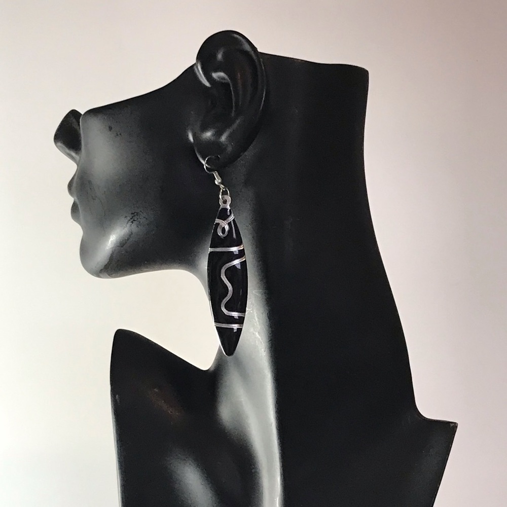Metal and black enamel tribal earrings
